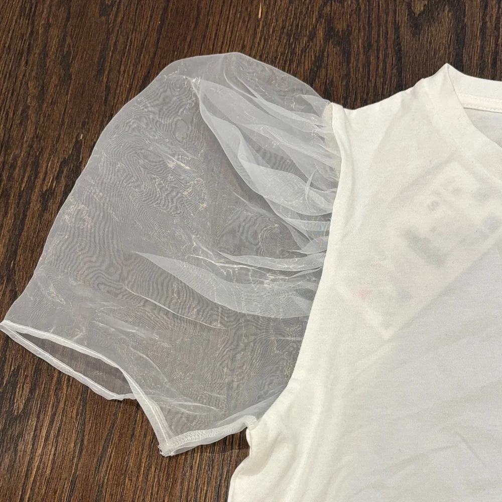 NWT Zara Women’s White Blouse with Sheer Puff Sleeves Size Small